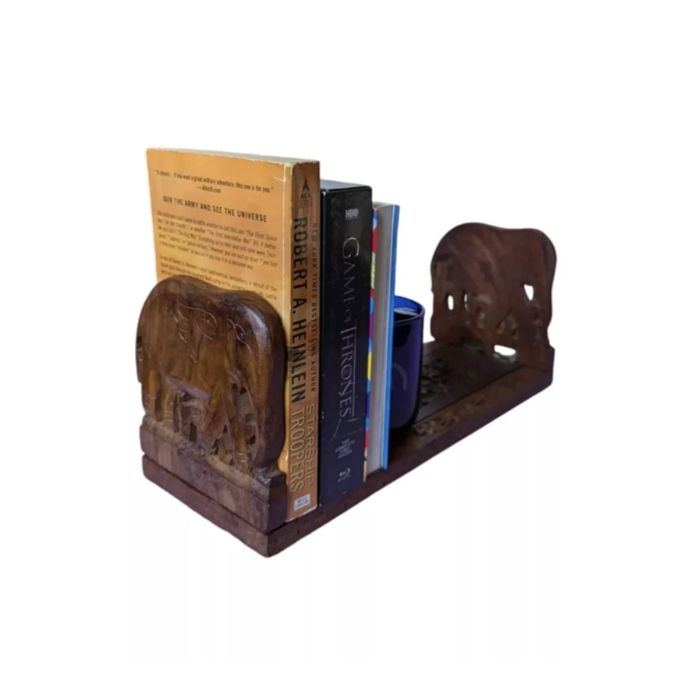 Vtg Ornate Handcarved Elephant Wood Slide Expandable Bookrack Ends Shelf India - Picture 1 of 16